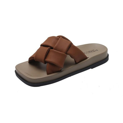 Woven Square Leather Faux Platform Toe Sandals