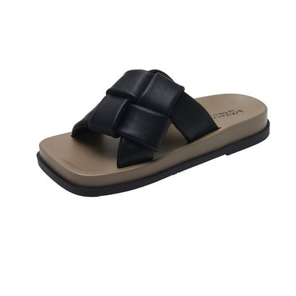 Woven Square Leather Faux Platform Toe Sandals