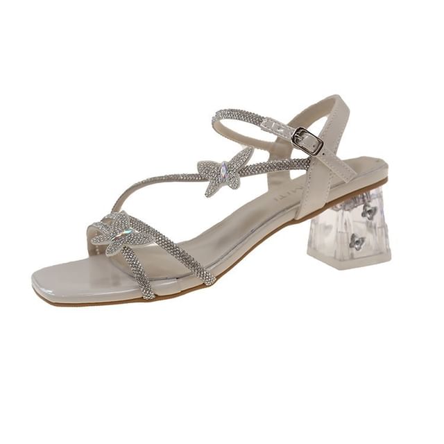 Toe Ankle Chunky Butterfly Strap Square Rhinestone Heel Sandals