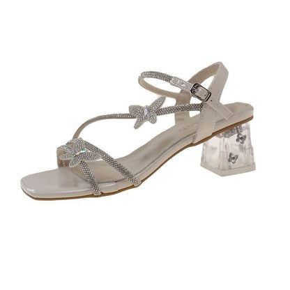 Toe Ankle Chunky Butterfly Strap Square Rhinestone Heel Sandals