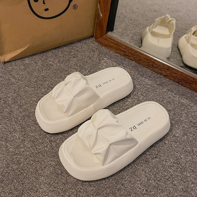 Plain Faux Platform Ruched Sandals Leather Slide