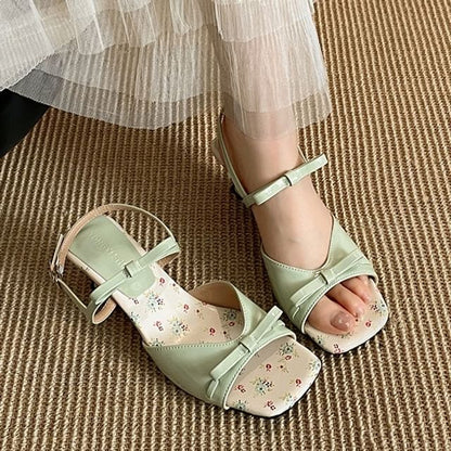 Low Heel Square Toe Floral Print Sandals