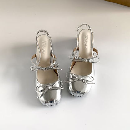 Block Heel Ribbon Accent Slingback Sandals