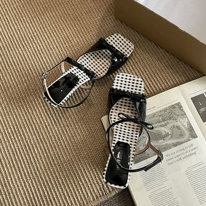 Low Heel Square Toe Floral Print Sandals