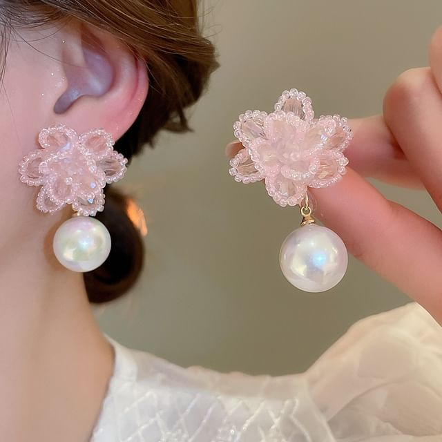 Floral Bead Faux Pearl Alloy Drop Earring
