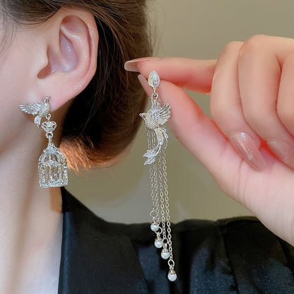 Bird Cage Faux Pearl Asymmetrical Alloy Dangle Earring