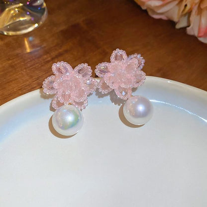 Floral Bead Faux Pearl Alloy Drop Earring
