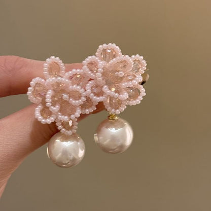 Floral Bead Faux Pearl Alloy Drop Earring