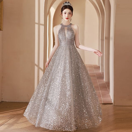 Halter Neck Sequin Cutout A-Line Evening Gown