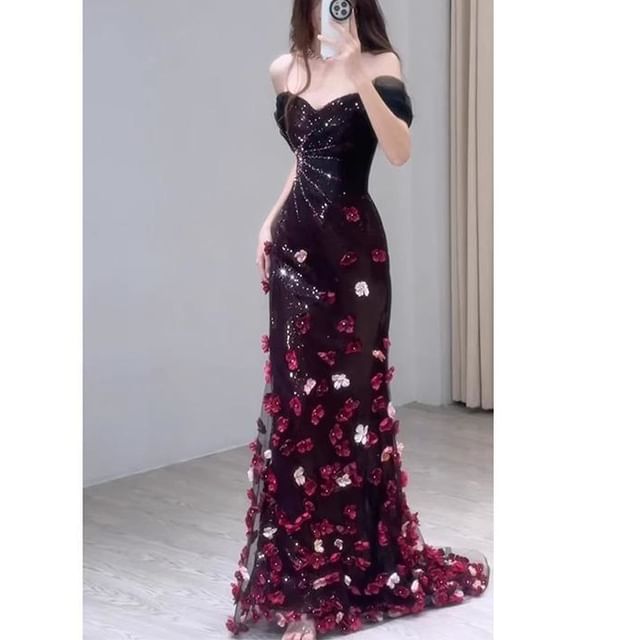 Off-Shoulder Floral Sequin Short-Sleeve Accent Mermaid Evening Gown