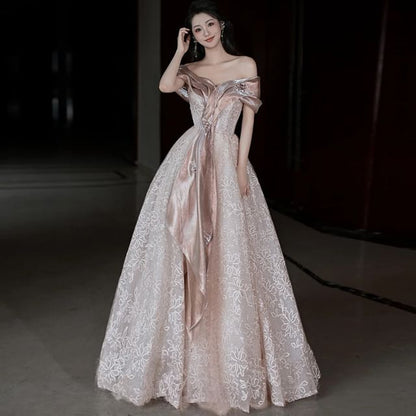 Short-Sleeve Off-Shoulder Floral Accent Lace A-Line Evening Gown