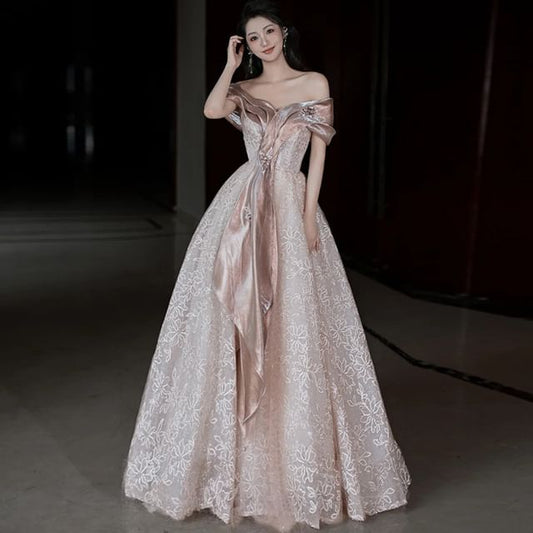 Short-Sleeve Off-Shoulder Floral Accent Lace A-Line Evening Gown