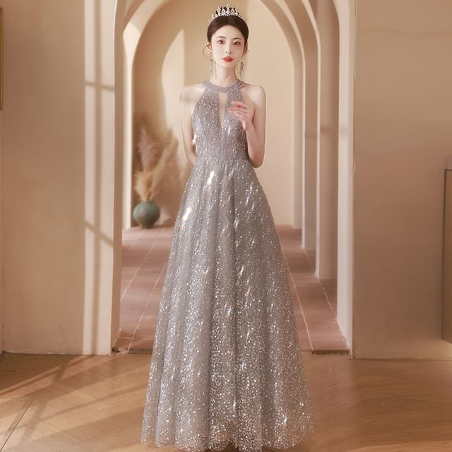 A-Line Neck Gown Evening Cutout Sequin Halter
