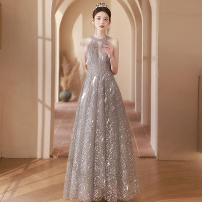A-Line Neck Gown Evening Cutout Sequin Halter