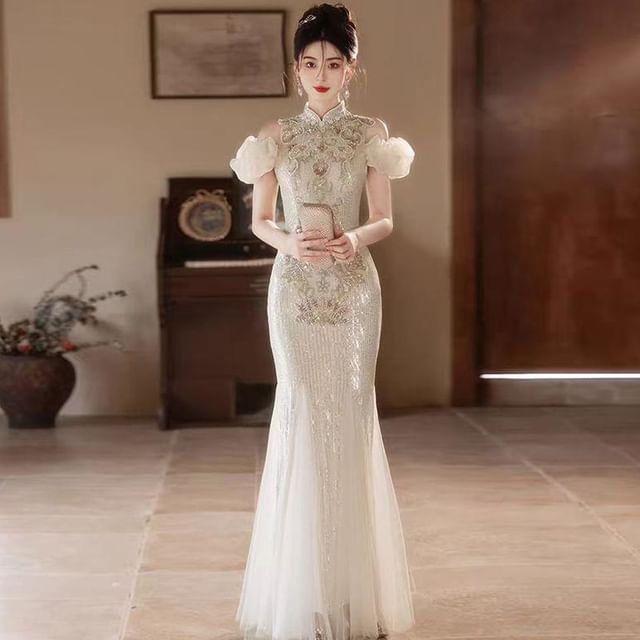 Cold Floral Shoulder Gown Sequin Embroidered Mermaid Stand Evening Collar