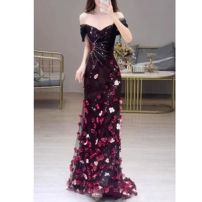 Off-Shoulder Floral Sequin Short-Sleeve Accent Mermaid Evening Gown
