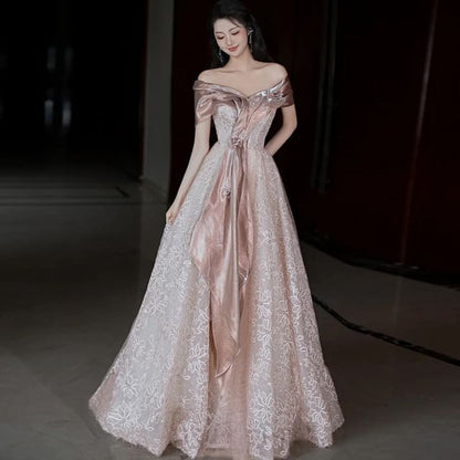 Short-Sleeve Off-Shoulder Floral Accent Lace A-Line Evening Gown