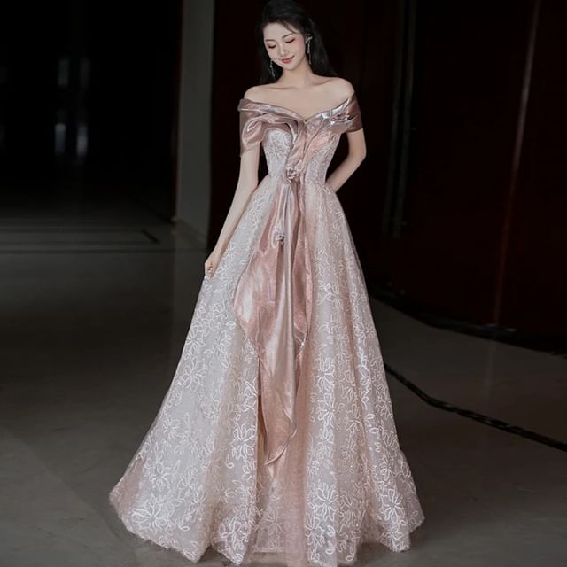 Short-Sleeve Lace Accent Evening A-Line Off-Shoulder Floral Gown