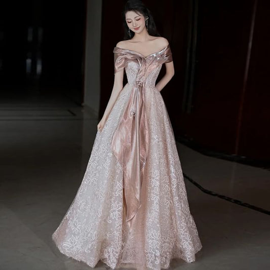 Short-Sleeve Lace Accent Evening A-Line Off-Shoulder Floral Gown