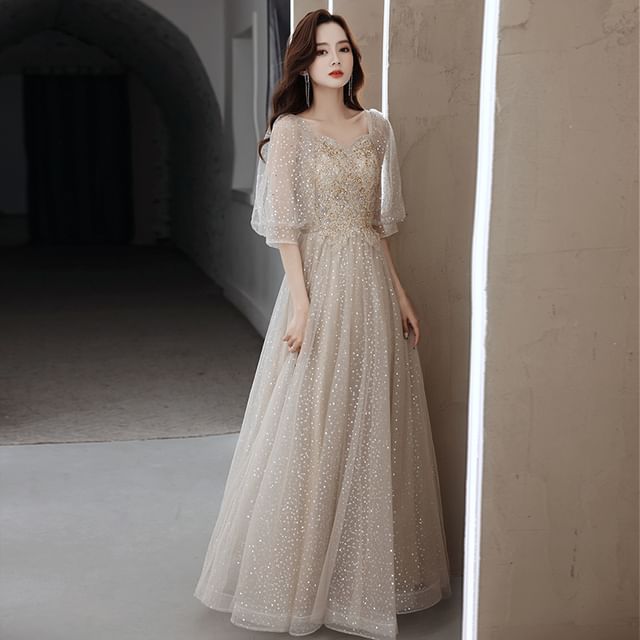 Neckline Embroidered Puff-Sleeve Sequin Sweetheart A-Line Gown Evening Mesh