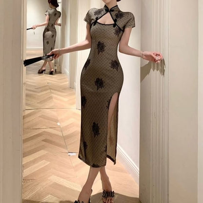 Short Sleeve Floral Print Midi Sheath Cheongsam Dress