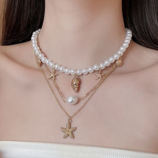 Set of 3: Starfish Pendant Alloy Necklace + Faux Pearl Alloy Choker + Faux Pearl Choker