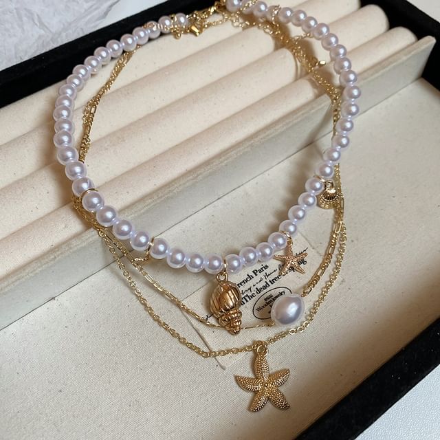 Set of 3: Starfish Pendant Alloy Necklace + Faux Pearl Alloy Choker + Faux Pearl Choker