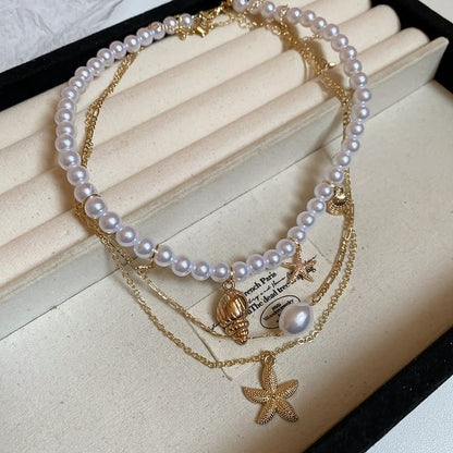 Set of 3: Starfish Pendant Alloy Necklace + Faux Pearl Alloy Choker + Faux Pearl Choker