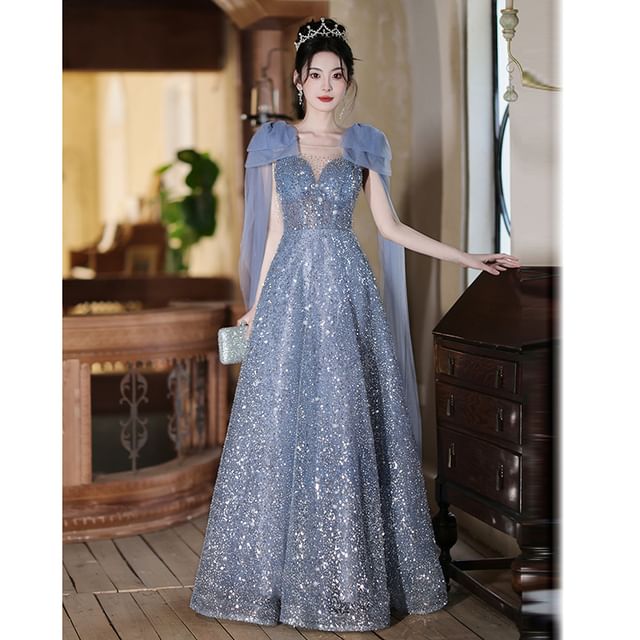Sleeveless Crew Neck Sequin Sheer Panel Bow Accent A-Line Evening Gown
