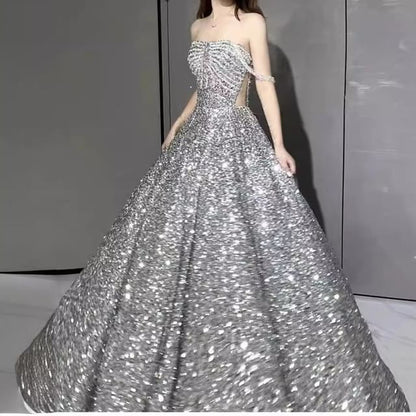 Off-Shoulder Sequin A-Line Evening Gown
