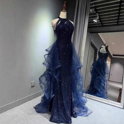 Sequin Panel Gown Evening Mermaid Trained Halter Mesh Neck