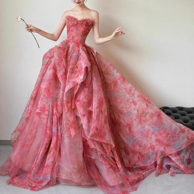 Strapless Floral Print Layered Ball Gown