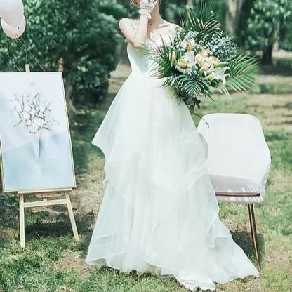 Spaghetti Strap V-Neck Plain A-Line Wedding Gown