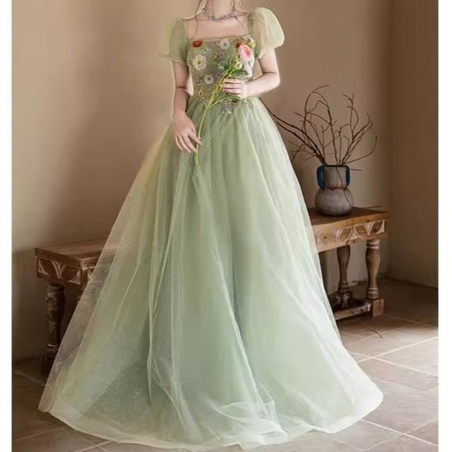 Puff-Sleeve Square Neck Floral Embroidered Sequin A-Line Evening Gown