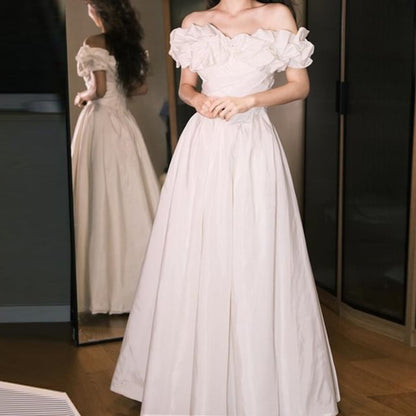 Off-Shoulder Plain Ruched Satin A-Line Wedding Gown