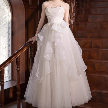 Strapless Plain Bow Accent Ruffle A-Line Wedding Gown