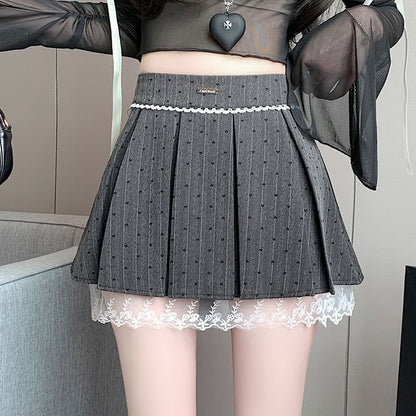 High Waist Heart Print Bow Lace Panel Mini A-Line Skirt
