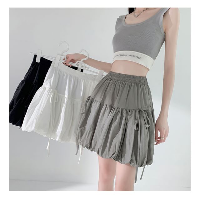 Elastic Waist Plain Bow Bubble Hem Mini A-Line Skirt