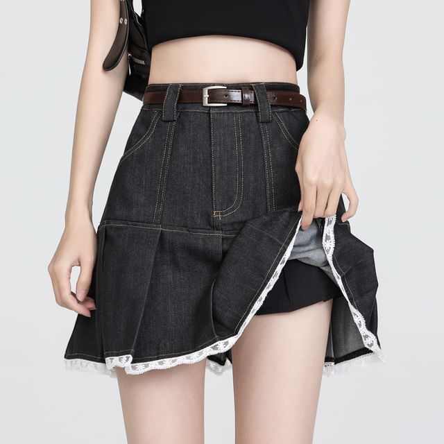 High Waist Pleated Lace Trim Denim Skort