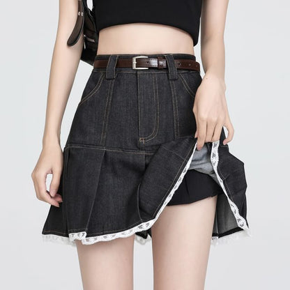 High Waist Pleated Lace Trim Denim Skort