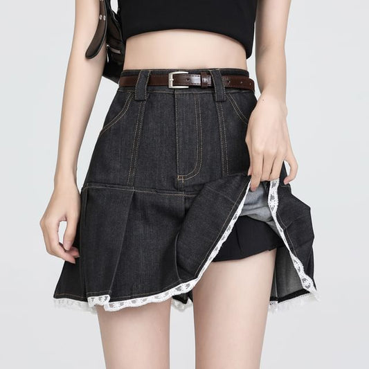 High Waist Pleated Lace Trim Denim Skort