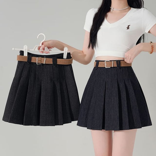 High Waist Pleated Denim Mini A-Line Skirt