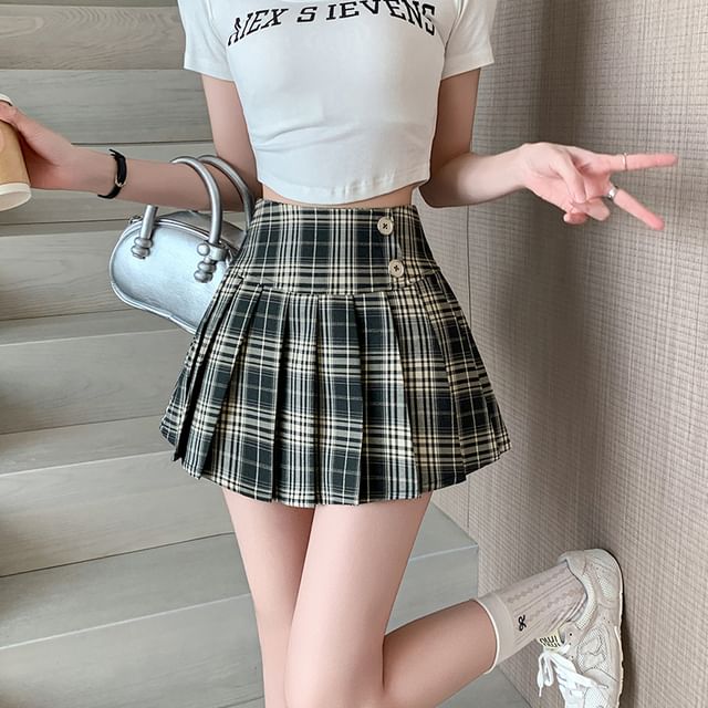 High Waist Plaid Pleated Mini A-Line Skirt