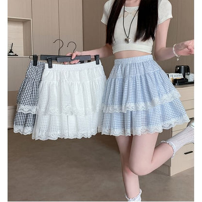 Elastic Waist Plaid Tiered Lace Trim Mini A-Line Skirt