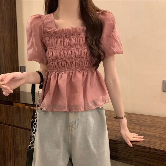 Short-Sleeve Square Neck Plain Ruched Peplum Blouse