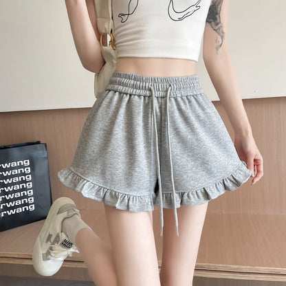 Drawstring Waist Ruffle Trim Sweat Shorts