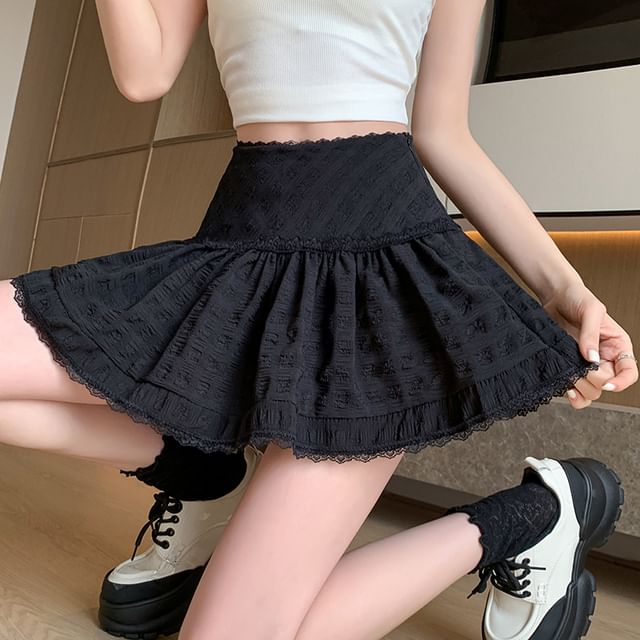 High Waist Plain Lace Trim Mini A-Line Skirt