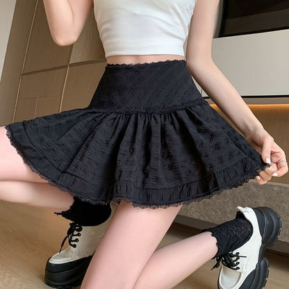High Waist Plain Lace Trim Mini A-Line Skirt