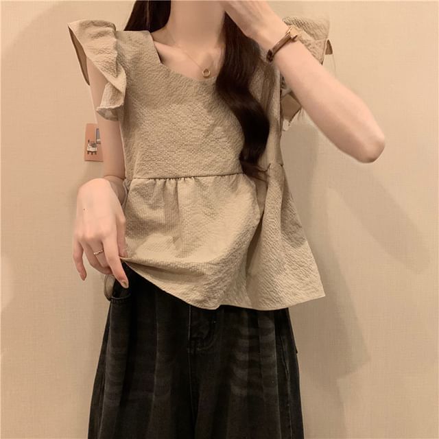 Cap-Sleeve Plain Peplum Blouse