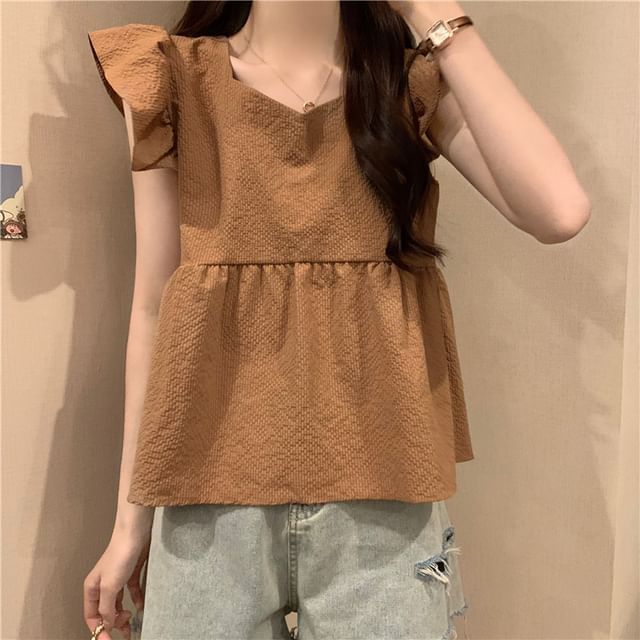 Cap-Sleeve Plain Peplum Blouse
